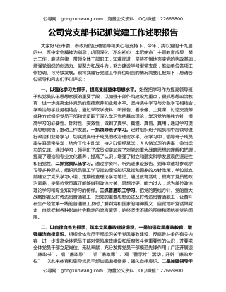公司党支部书记抓党建工作述职报告