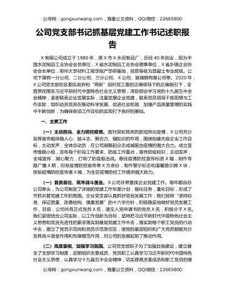 公司党支部书记抓基层党建工作书记述职报告