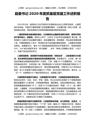 县委书记2020年度抓基层党建工作述职报告