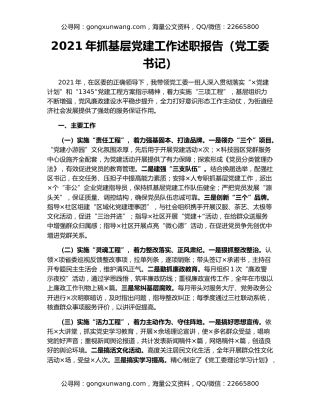 2021年抓基层党建工作述职报告（党工委书记）