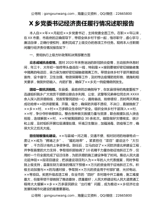 X乡党委书记经济责任履行情况述职报告