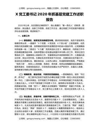 X党工委书记2020年抓基层党建工作述职报告