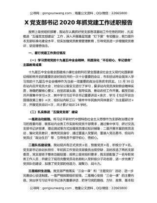 X党支部书记2020年抓党建工作述职报告