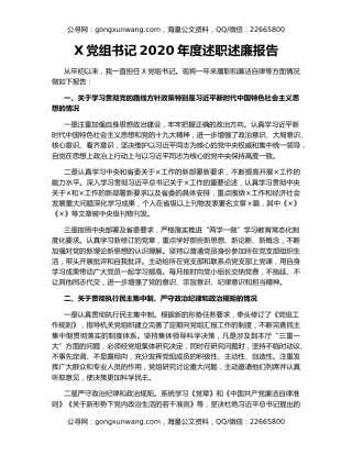 X党组书记2020年度述职述廉报告