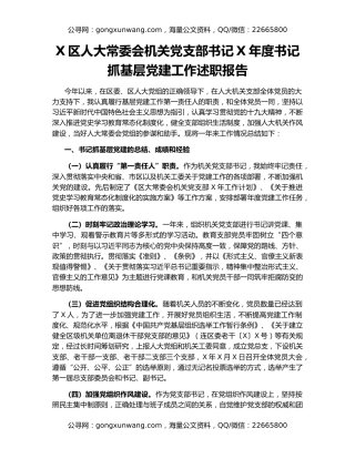X区人大常委会机关党支部书记X年度书记抓基层党建工作述职报告