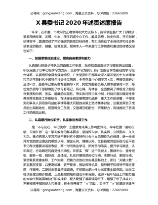 X县委书记2020年述责述廉报告