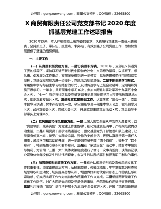 X商贸有限责任公司党支部书记2020年度抓基层党建工作述职报告