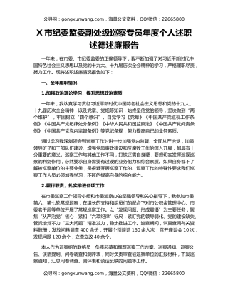X市纪委监委副处级巡察专员年度个人述职述德述廉报告