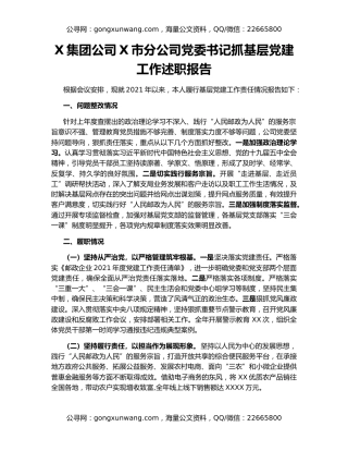 X集团公司X市分公司党委书记抓基层党建工作述职报告