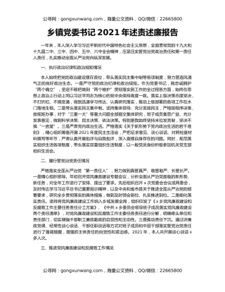 乡镇党委书记2021年述责述廉报告