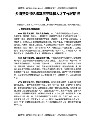 乡镇党委书记抓基层党建和人才工作述职报告（3）