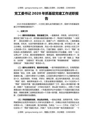 党工委书记2020年抓基层党建工作述职报告