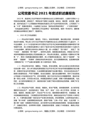 公司党委书记2021年度述职述廉报告