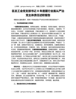 区总工会党支部书记X年度履行全面从严治党主体责任述职报告