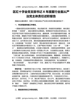 区红十字会党支部书记X年度履行全面从严治党主体责任述职报告