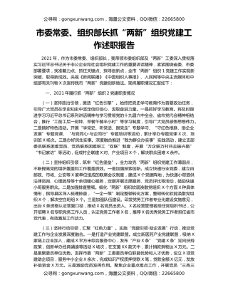 市委常委、组织部长抓“两新”组织党建工作述职报告