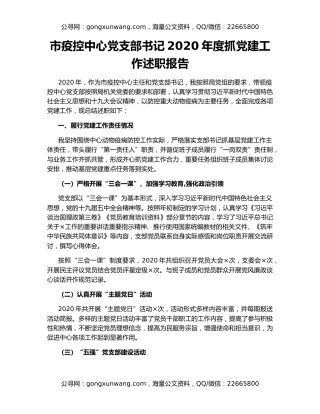 市疫控中心党支部书记2020年度抓党建工作述职报告