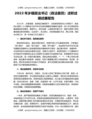 2022年乡镇政法书记（政法委员）述职述德述廉报告