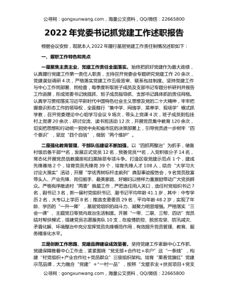 2022年党委书记抓党建工作述职报告（2）