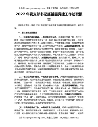 2022年党支部书记抓基层党建工作述职报告