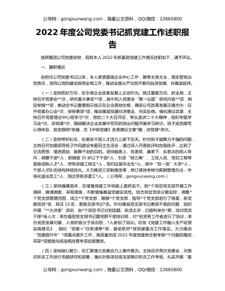 2022年度公司党委书记抓党建工作述职报告