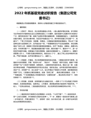 2022年抓基层党建述职报告（集团公司党委书记）
