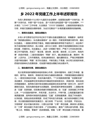 乡2022年党建工作上半年述职报告