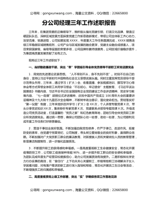 分公司经理三年工作述职报告