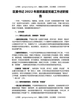 区委书记2022年度抓基层党建工作述职报告