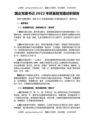 国企党委书记2022年抓基层党建述职报告