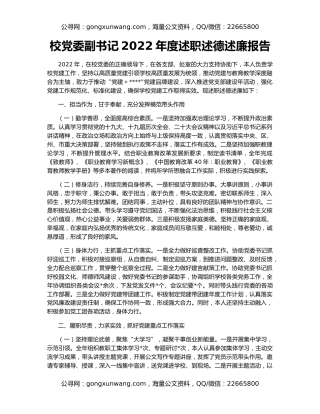 校党委副书记2022年度述职述德述廉报告