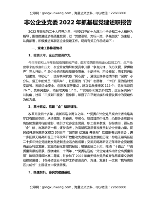 非公企业党委2022年抓基层党建述职报告