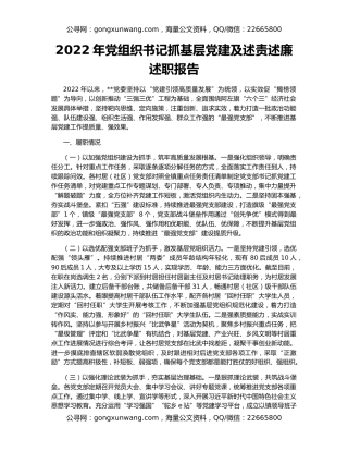 2022年党组织书记抓基层党建及述责述廉述职报告