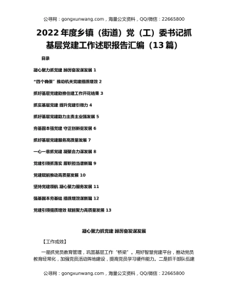 2022年度乡镇（街道）党（工）委书记抓基层党建工作述职报告汇编（13篇）