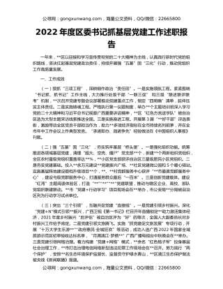 2022年度区委书记抓基层党建工作述职报告