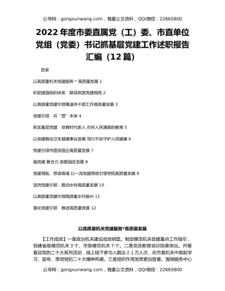 2022年度市委直属党（工）委、市直单位党组（党委）书记抓基层党建工作述职报告汇编（12篇）