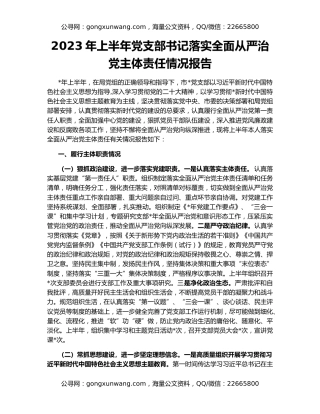 2023年上半年党支部书记落实全面从严治党主体责任情况报告