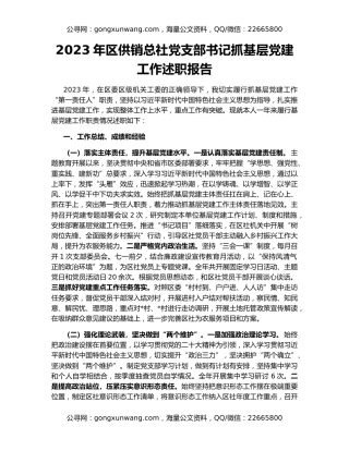2023年区供销总社党支部书记抓基层党建工作述职报告