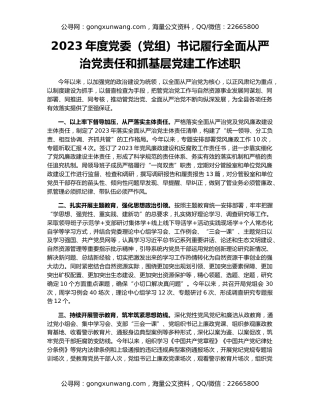 2023年度党委（党组）书记履行全面从严治党责任和抓基层党建工作述职