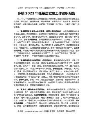 乡镇2022年抓基层党建工作述职报告