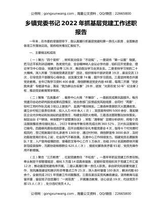 乡镇党委书记2022年抓基层党建工作述职报告