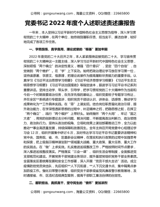 党委书记2022年度个人述职述责述廉报告