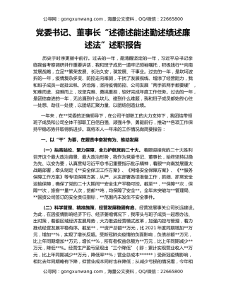 党委书记、董事长“述德述能述勤述绩述廉述法”述职报告