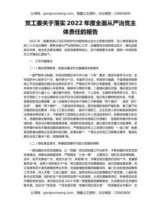 党工委关于落实2022年度全面从严治党主体责任的报告