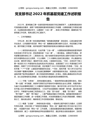 党支部书记2022年抓基层党建工作述职报告