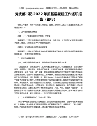 党支部书记2022年抓基层党建工作述职报告（银行）