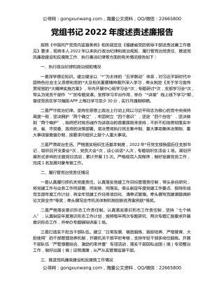 党组书记2022年度述责述廉报告