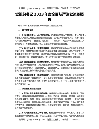 党组织书记2023年度全面从严治党述职报告