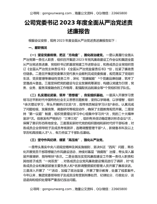 公司党委书记2023年度全面从严治党述责述廉报告