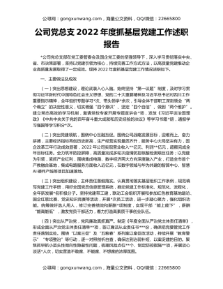 公司党总支2022年度抓基层党建工作述职报告